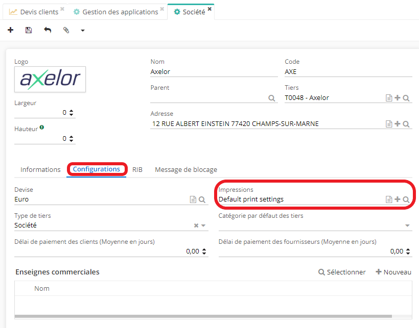 1.2. Une fois que vous avez cliqué sur la fiche de Société (via app Ventes ou Utilisateurs → Sociétés), vous allez pouvoir définir les paramètres d’impression dans l’onglet “Configuration” sur la fiche de Société.
