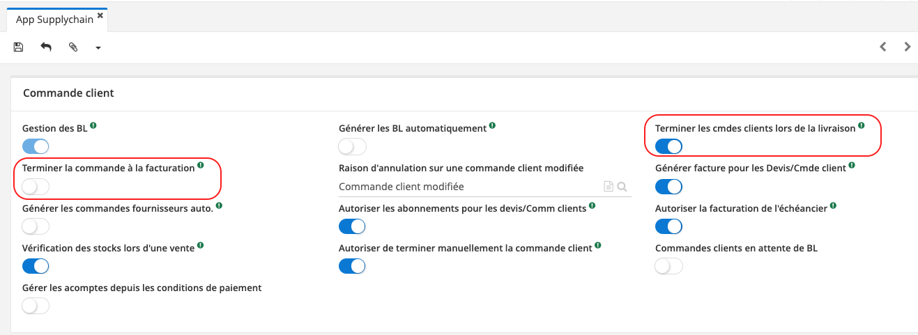 1.7. Activez les options Terminer la commande à la Facturation ou Terminer les commandes clients lors de la Livraison sur l'app Supplychain.