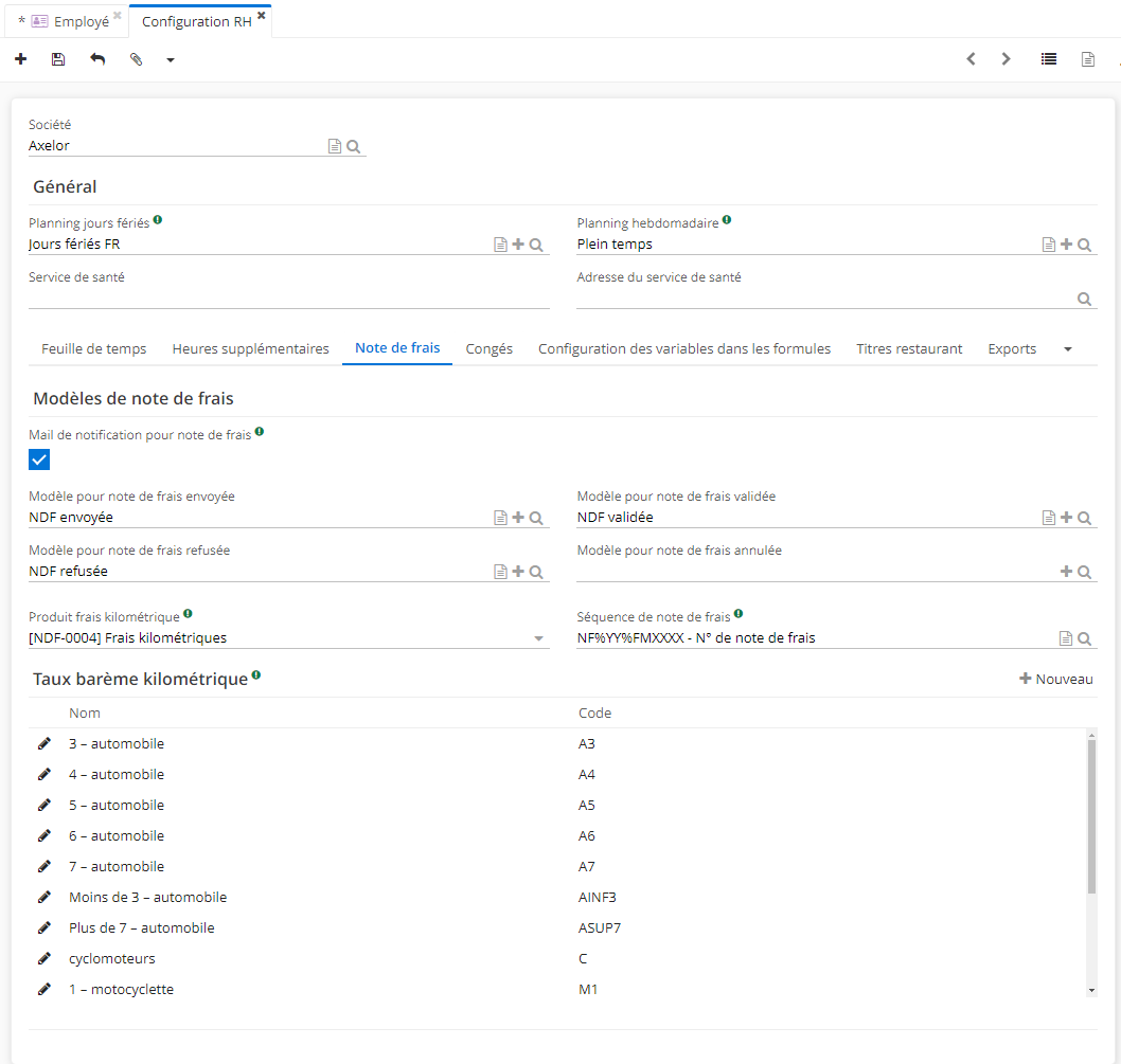 1.1. Avant de procéder à l’utilisation des notes de frais, rassurez-vous d’avoir configuré les fonctionnalités nécessaires. Accès : Config applicative → Gestion des applications → Gestion des employés, configurer → cliquez sur la fiche de la Société → ouvrez onglet “Note de frais”.