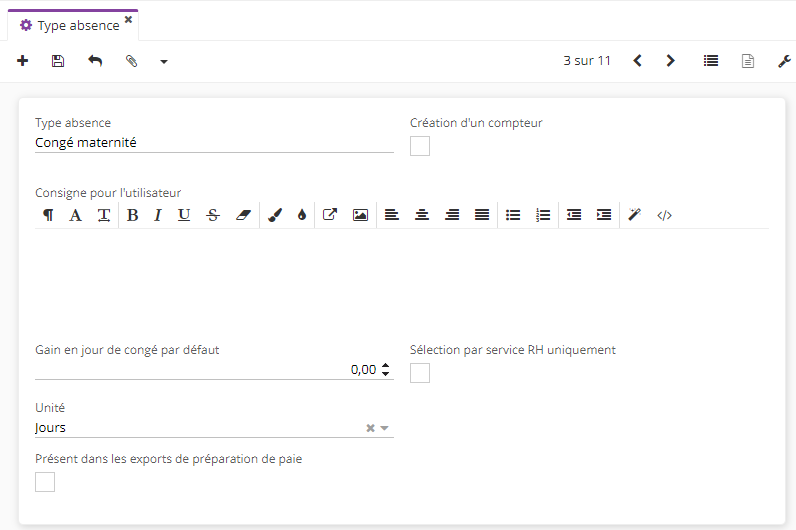 1.1. Pensez à configurer les types d'absence. Accès : RH → Demandes de congés → Configuration → Types absence.