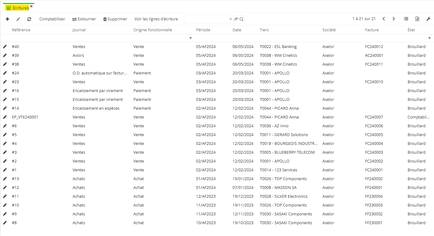 1.1. Accès : Comptabilité → Ecritures → Ecritures. Depuis le menu Ecritures, vous allez accéder à la liste d'écritures. Depuis la liste, plusieurs informations sont immédiatement disponibles, comme par exemple la référence, l'état ou l'origine fonctionnelle.