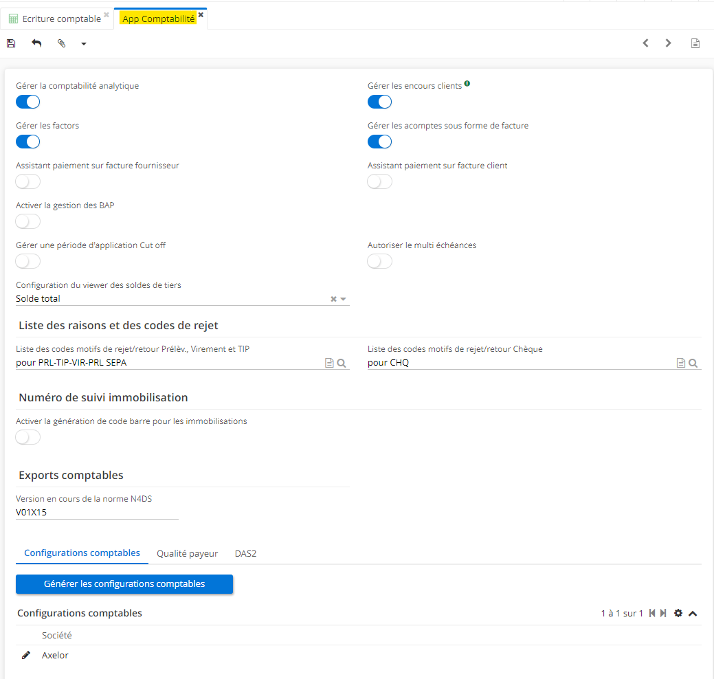 1.1. Accès : Config applicative → Gestion des applications → Comptabilité, configurer. Sur l'image : les configurations globales de l'app Comptabilité.