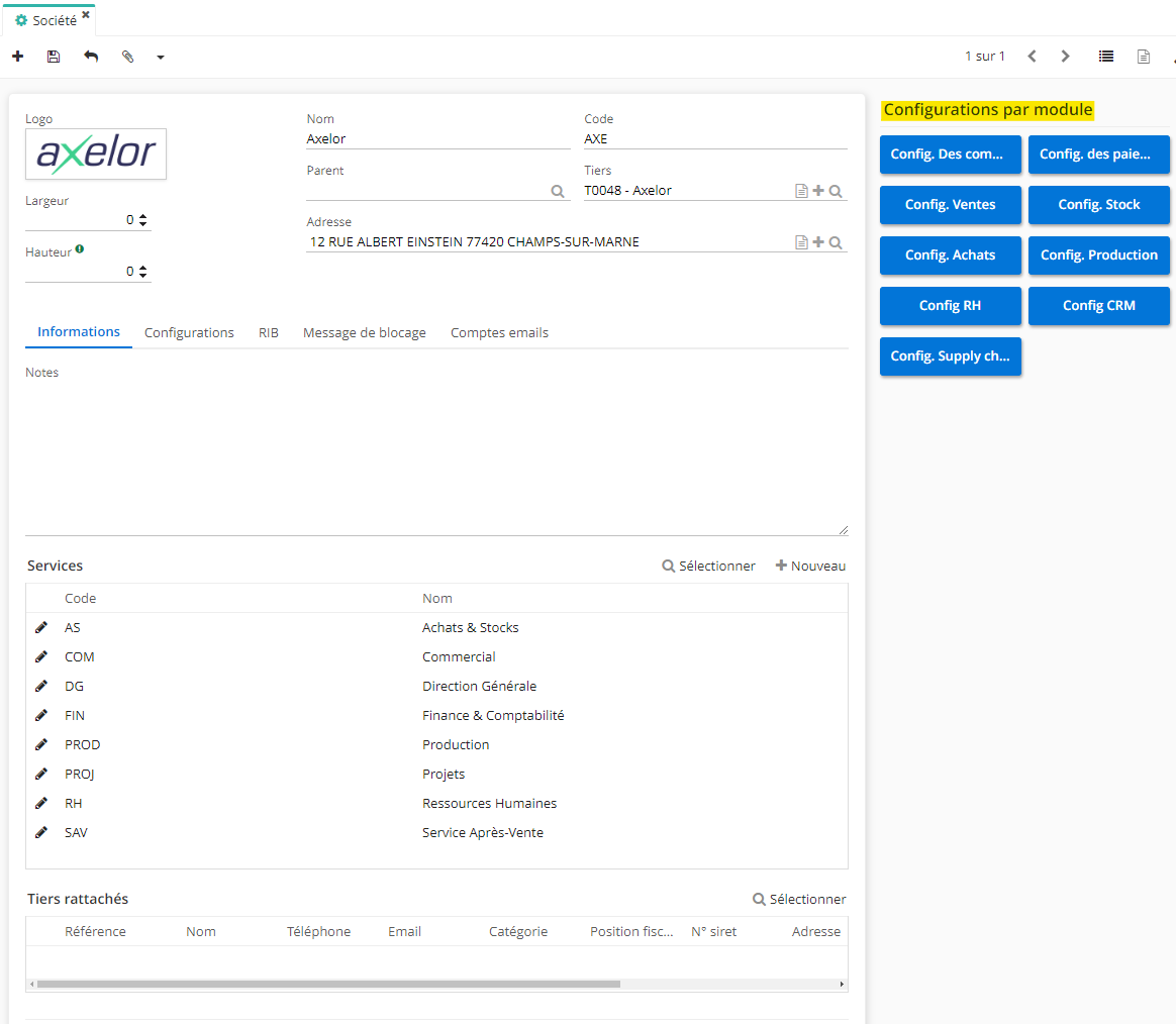 1.1. Accès : Config applicative → Gestion des applications → Utilisateurs / Société → Sociétés → ouvrez la fiche de la société concernée cliquez sur le bouton Configurations des comptes comptables qui se trouve à droite sur la fiche de la société.