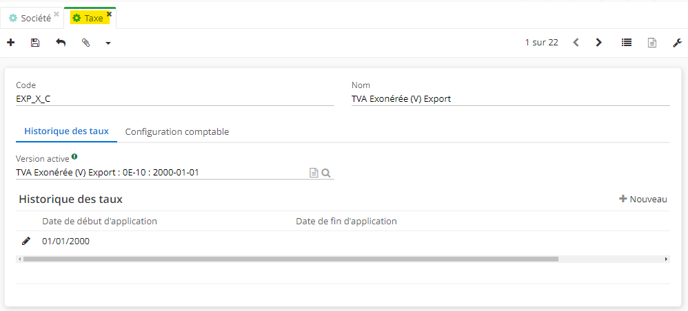 1.1. Accès : Comptabilité → Configuration → Financière → Taxes. Sur l'image : une fiche de la taxe.