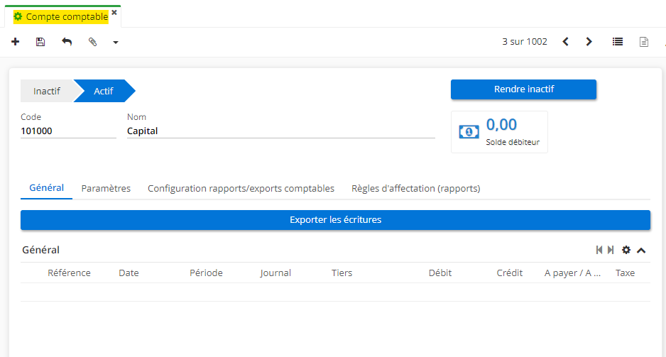 1.1. Accès : Comptabilité → Configuration → Comptes comptables. Sur l'image : une fiche du compte comptable.