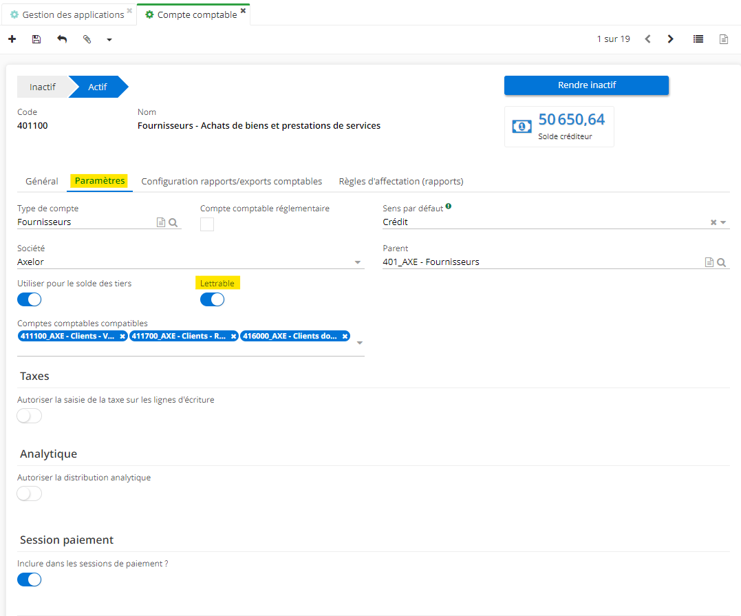 1.1. Accès : Comptabilité → Configuration → Financière → Comptes comptables → onglet Paramètres → activez l’option “Lettrable”.