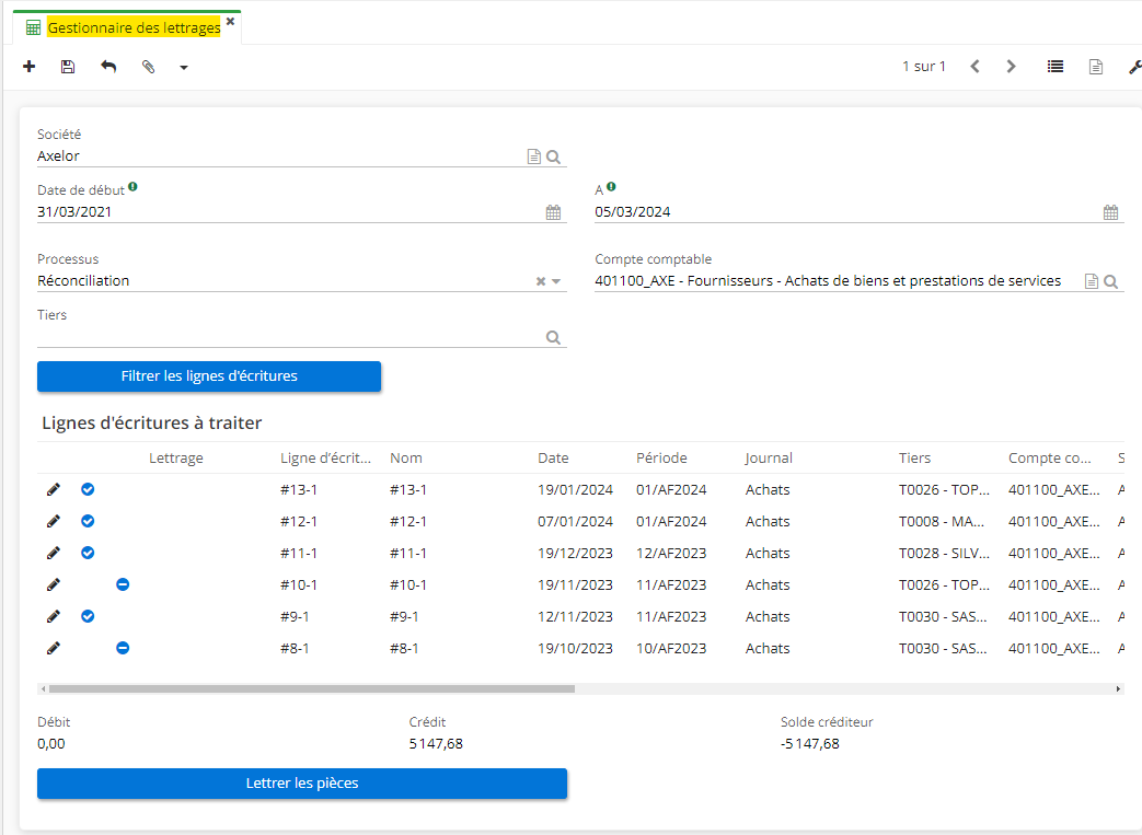 1.1. Vous pouvez également lettrer les pièces via le gestionnaire des lettrages. Accès : Comptabilité → Traitements périodiques → Gestionnaires des lettrages. Cliquez sur “Lettrer les pièces”.