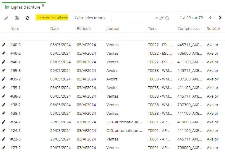 1.1. Vous pouvez lettrer les pièces depuis les lignes d'écriture. Accès : Comptabilité → Écritures → Lignes d’écriture. Cliquez sur “Lettrer les pièces”.