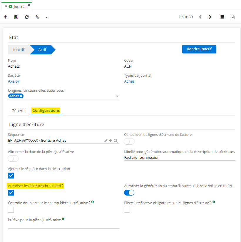 1.1. Accès : Comptabilité → Configuration → Financière → Journaux. Vous pouvez autoriser les écritures brouillard / la génération au statut “Nouveau” dans la saisie en masse / les écritures simulées.