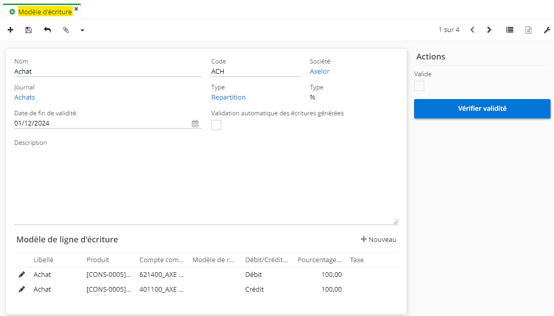 1.1. Paramétrez un modèle d'écritures afin de pouvoir ensuite générer des écritures à partir d'un modèle. Accès : Comptabilité → Configuration → Modèles d’écriture → Modèles d’écriture.