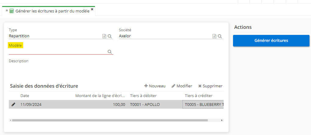 1.1. Vous pouvez créer une écriture à partir d'un modèle. Accès : Comptabilité → Écritures → Écriture à partir du modèle.