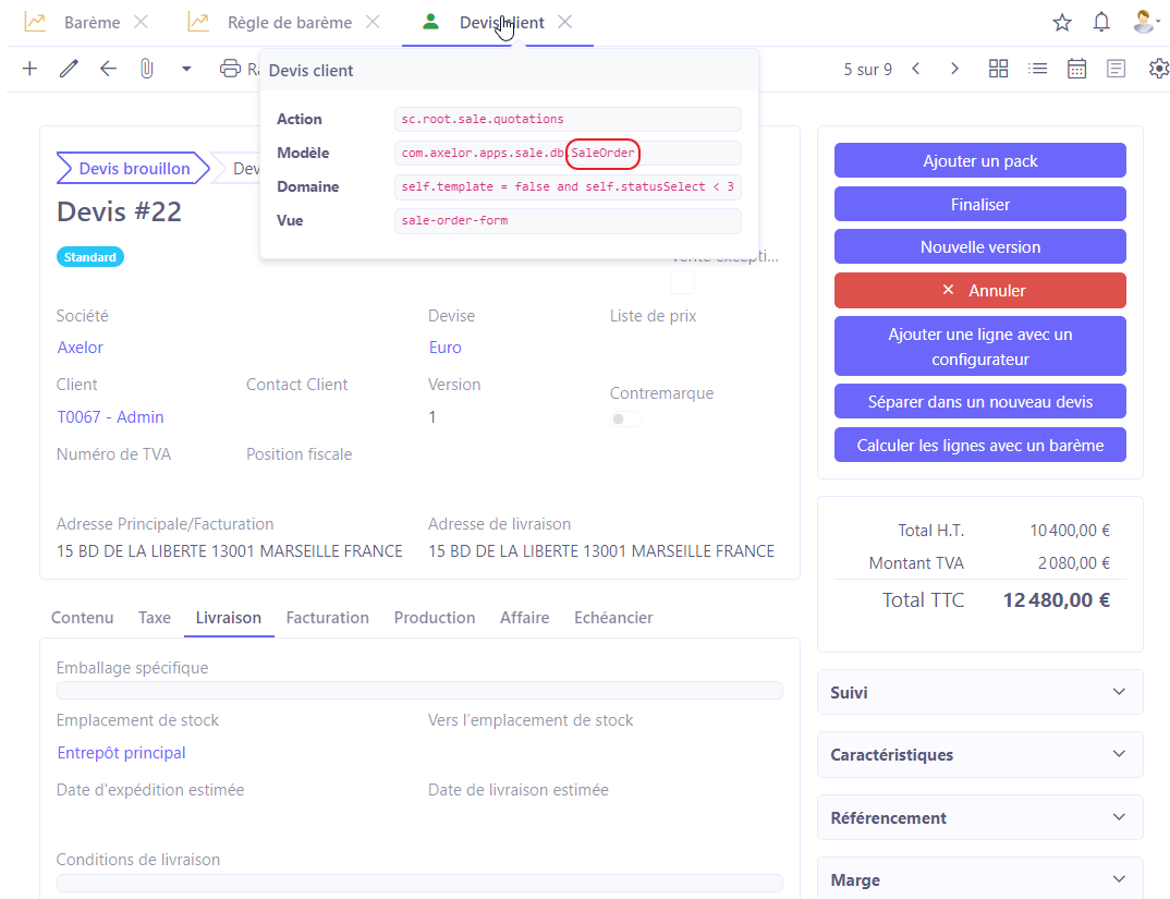 1.1. Les informations utilisées dans la formule (SaleOrder ou encore carrierPartner) se trouvent sur la page de Devis. Par exemple, si vous pointez le curseur sur l’onglet Devis client, vous allez remarquer qu’il s’agit du Modèle “SaleOrder”.