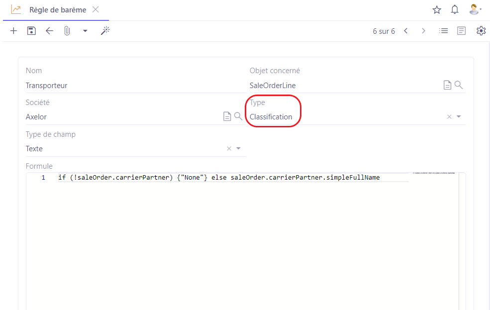 1.1. Accès : Ventes  → Configuration → Règles de barème. Ici, la configuration d'une règle de classification.