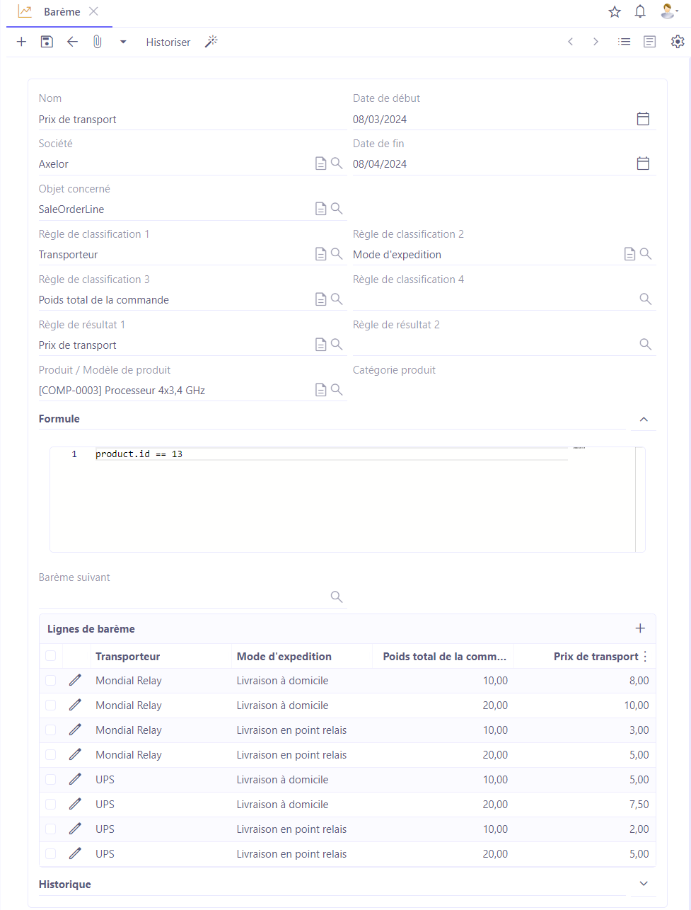 1.1. Accès : Ventes → Barème → Nouveau. Ici, la page de configuration de barème.