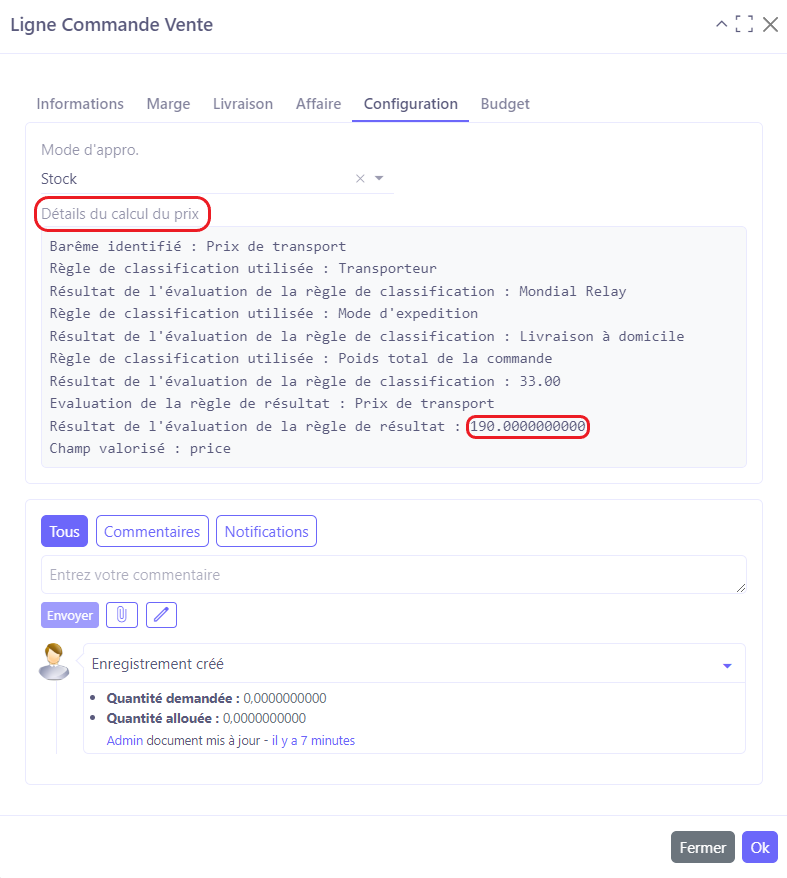 1.1. Les logs des barèmes. Sur la page d'un devis, cliquez sur une ligne de commande et ensuite ouvrez l'onglet Configuration. Vous y trouverez “Détails du calcul de prix”, qui contient les logs de barème.