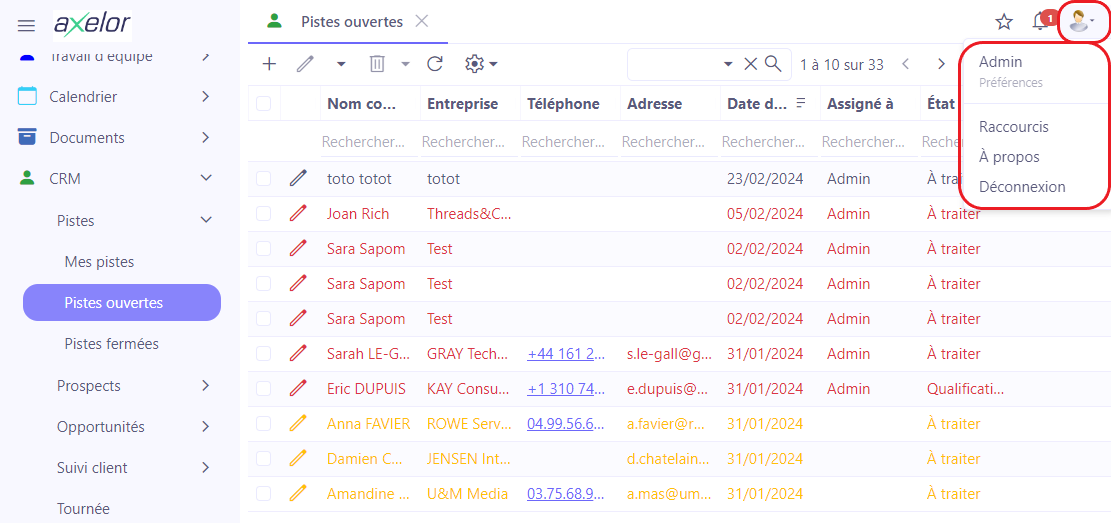 1.4. Cliquez sur l’icône “Les préférences d’utilisateur” afin d’accéder à certains réglages de l'utilisateur connecté, les raccourcis ou encore la page “A propos”. La page “A propos” contient les informations sur la version déployée du logiciel, la version framework (Axelor SDK) ainsi que les liens vers le site et la documentation.