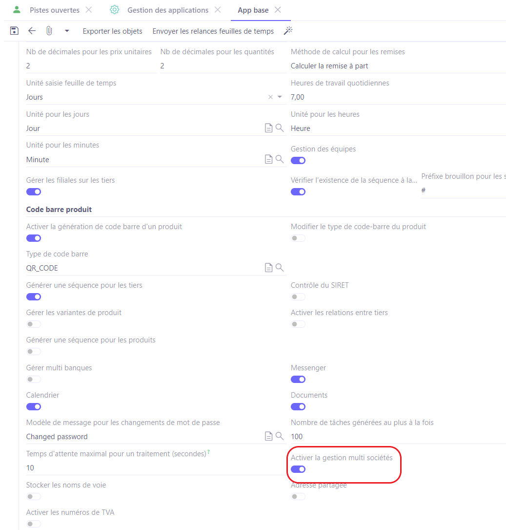 1.5. Pour activer la gestion de plusieurs sociétés, activez cette fonctionnalité sur App Base. Accès : Config applicative →  Base, configurer →  sur l’onglet Configuration, en bas de page à droite se trouve la fonctionnalité “Activer la gestion multi-société”.