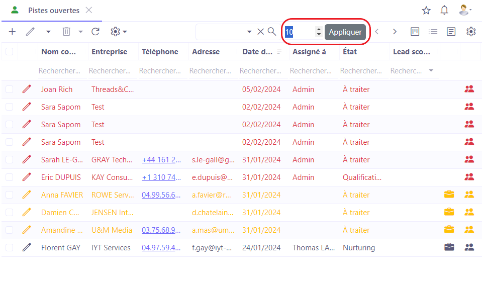 1.2. Sur la barre d’outils à droite vous pouvez consulter combien de lignes sont affichées sur la page. Vous pouvez passer d’une page à une autre en cliquant sur les flèches. Sachez qu’il est possible de modifier le nombre des lignes affichées en cliquant directement sur le nombre.