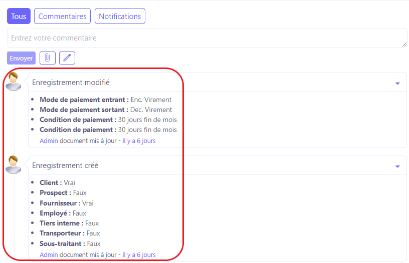 1.3. En bas de la page du formulaire, vous pouvez accéder à l'historique des modifications et des échanges autour de cet enregistrement.