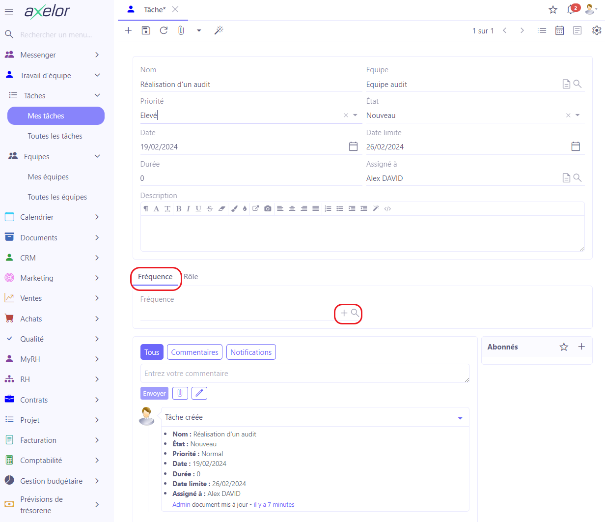 1.2. Sur la page de configuration d'une tâche ,cliquez sur l'onglet Fréquence. Ensuite, cliquez sur + afin d'ajouter une nouvelle fréquence.