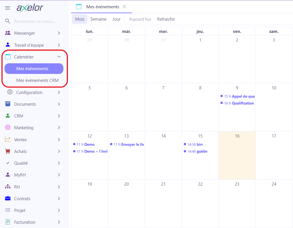 1.1. Les évènements sont visibles depuis le Calendrier. Les événements  peuvent être créés depuis différents modules. Dans le Calendrier, naviguez parmi les différents affichages proposés (mois / semaine / jour).