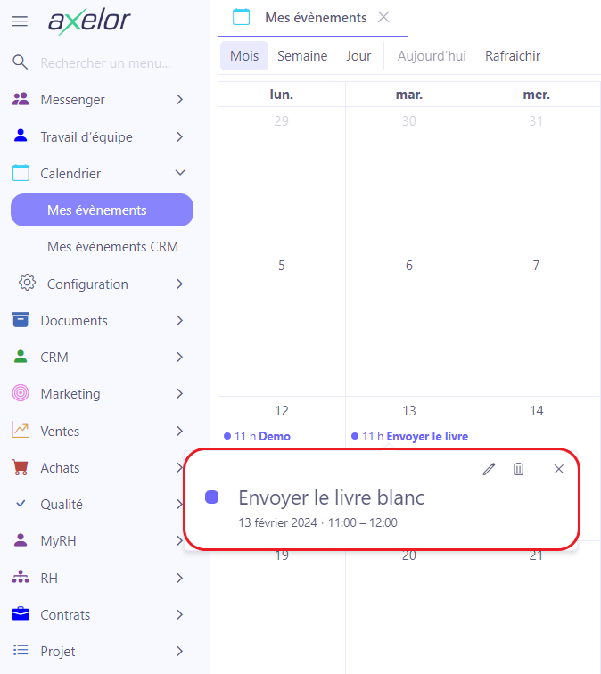 1.1. Si vous souhaitez consulter un événement déjà existant, cliquez sur cet événement dans le calendrier et ensuite cliquez sur l’icône de crayon pour Modifier. Afin de supprimer un événement existant, cliquez sur “Supprimer”.