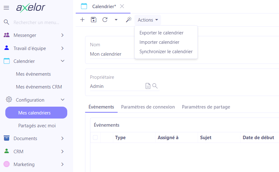 1.1. Accès : Calendrier → Configuration → Mes calendriers. Synchronisez le calendrier et partagez-le avec d’autres utilisateurs.