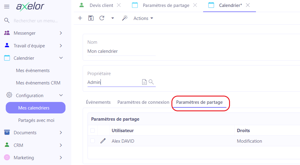 1.1. Lors de la création d’un calendrier, cliquez sur l’onglet “Paramètres de partage”. Sélectionnez un utilisateur avec lequel vous souhaitez partager le calendrier en cliquant sur +. Ensuite, définissez les droits de cet utilisateur (“Lecture seule” ou “Modification”).