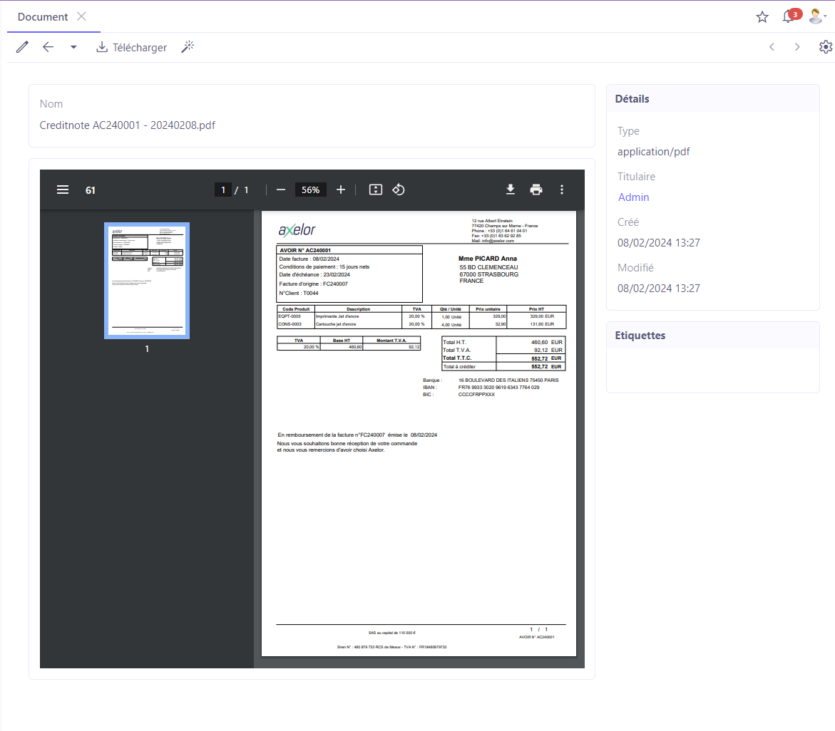 1.3. Par exemple, cliquez sur Facturation (Invoices) et consultez n’importe quel fichier rattaché à ce module.