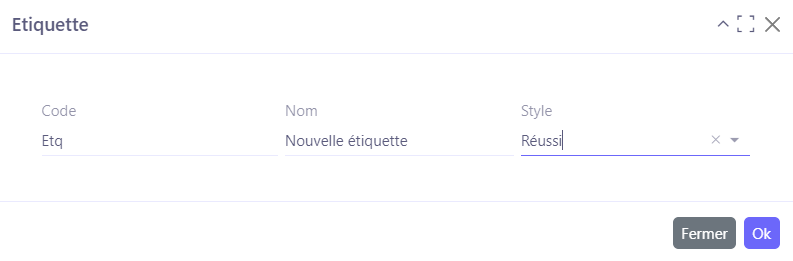 1.2. Dans la fenêtre de création d’une étiquette, renseignez le code, le nom ainsi que le style de l'étiquette.