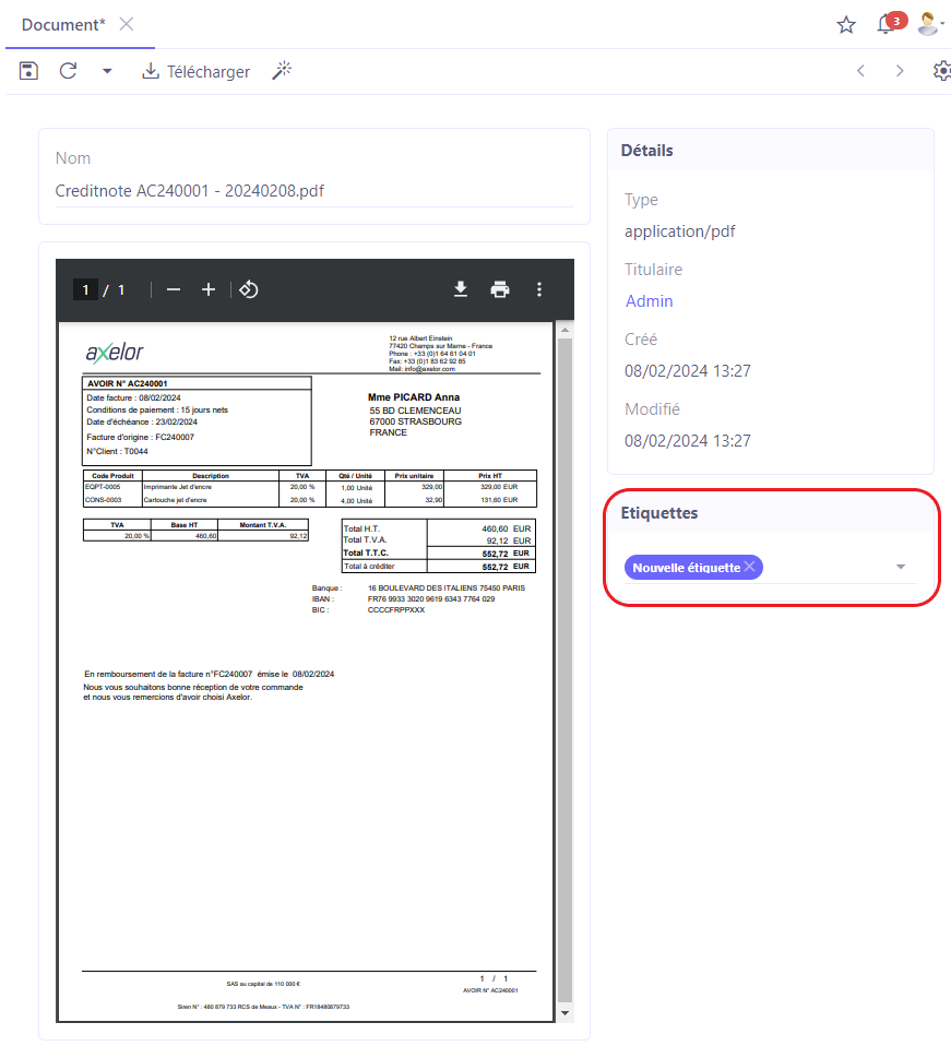 1.1. Sur la page Document, si l’étiquette n’existe pas, vous pouvez la créer directement sur le document sur le champ “Étiquette”. Cliquez sur le champ et ensuite sur “+Créer”. Il est également possible de créer une étiquette depuis le menu “Étiquettes” (Accès : Documents → Configuration → Étiquettes).