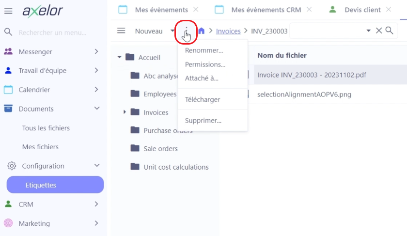 1.4. Dans “Tous les fichiers”, cliquez sur trois points. Vous pouvez renommer des fichiers ou donner la permission aux utilisateurs.