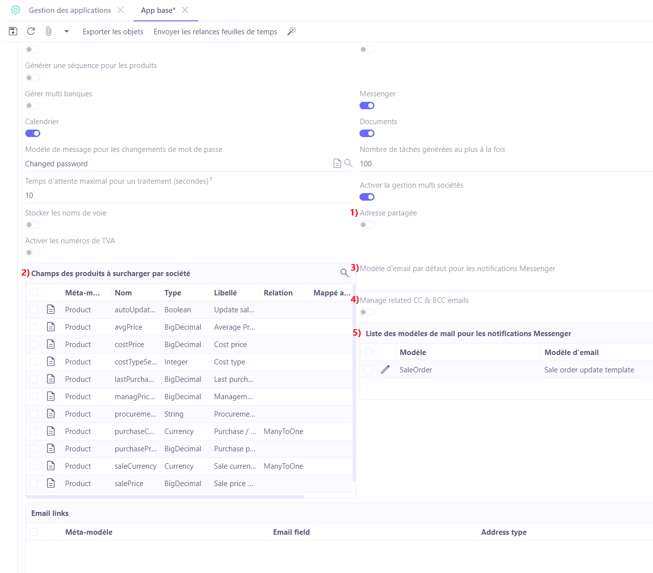 1.1. 1) Adresse partagée ; 2) Champs des produits à surcharger par société ; 3)  Modèle d'email par défaut pour les notifications Messenger ; 4) Gestion CC & CCI emails (Manage related CC & BCC emails) ; 5) Liste des modèles de mail pour les notifications Messenger.