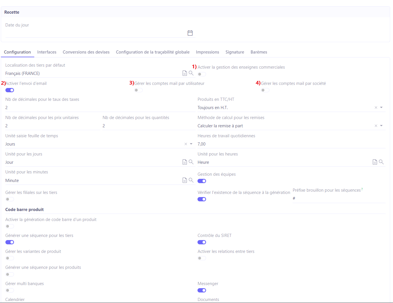 1.1. Accès : Config applicative → Gestion des applications → Base, configurer. Sur la page de configuration de Base, activez les fonctionnalités selon vos besoins. 1) Activer la gestion des enseignes commerciales ; 2) Activer l’envoi d’email ; 3) Gérer les comptes mail par utilisateur ; 4) Gérer les comptes mail par société.