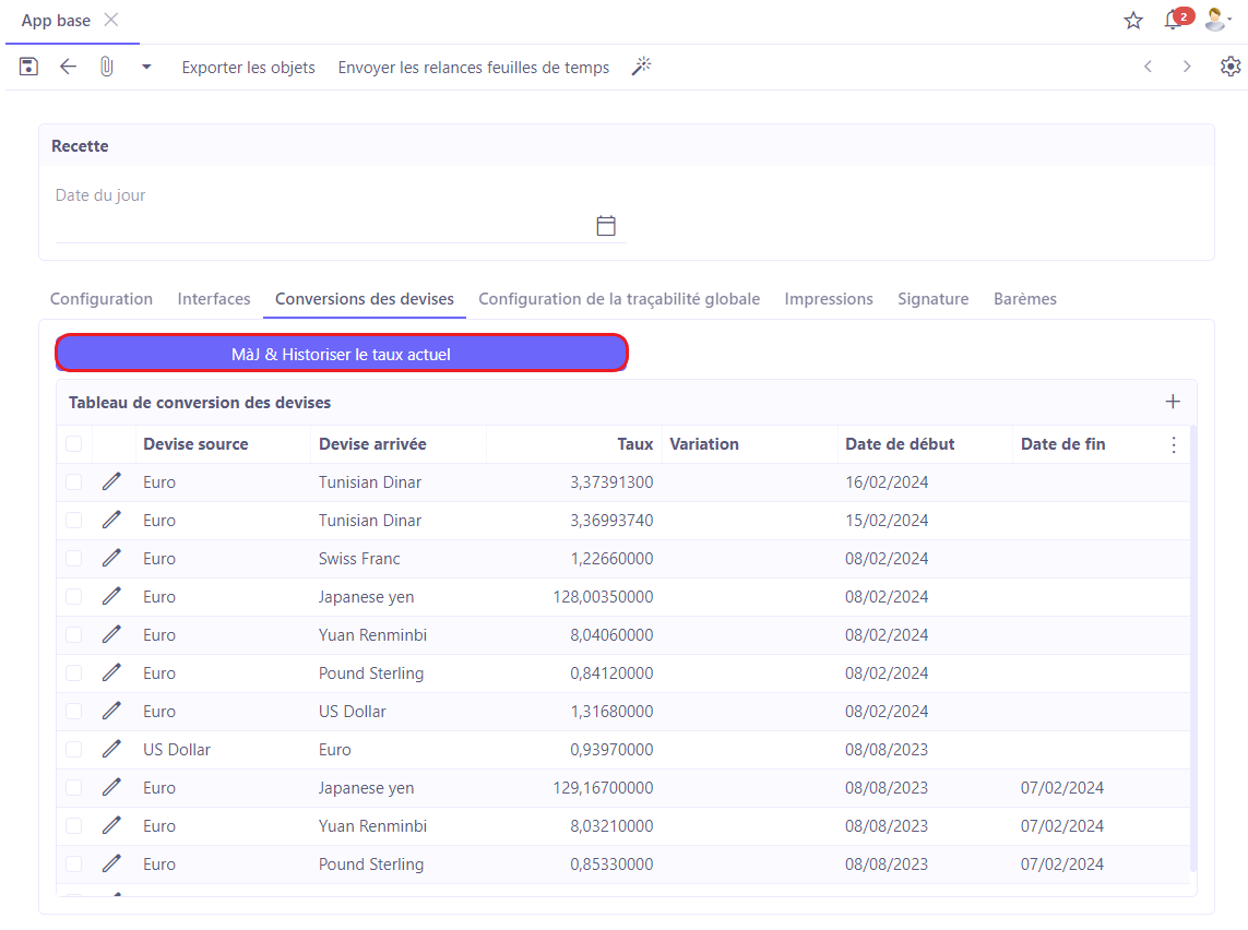 1.1. “Conversion des devises” permet de créer des taux de changes inter-devises manuellement. Le bouton “MaJ & Historiser le taux actuel” sert à effectuer une mise à jour automatique et à historiser les taux.