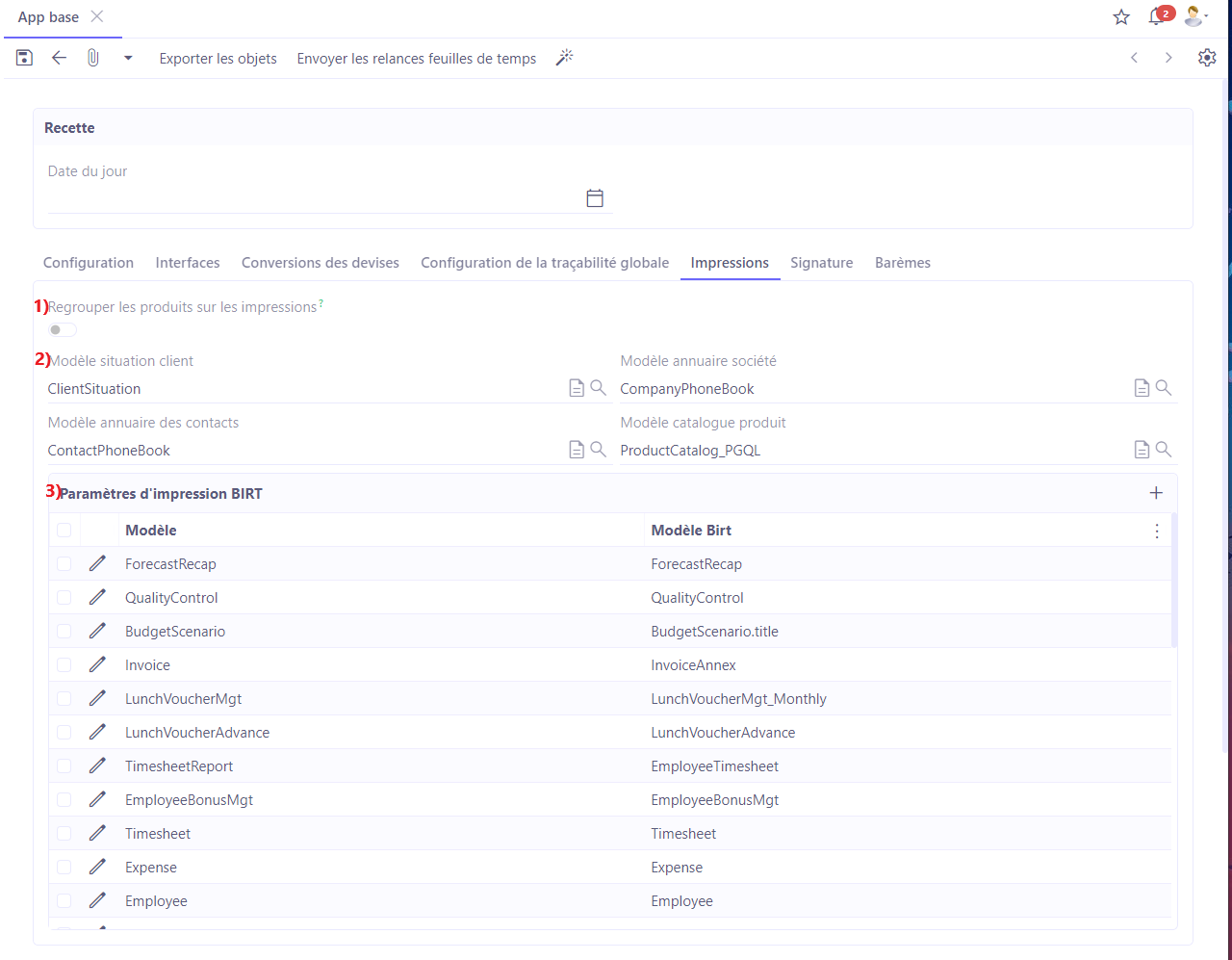 1.1. 1) Regrouper les produits sur les impressions : cette option active la possibilité de regrouper les lignes par produits dans les générations de documents d'impression (devis de vente, commandes d'achat, mouvements de stocks, factures) ; 2) Modèles : les modèles permettent d'associer un template BIRT pour l’impression de certains documents (catalogue, annuaire); 3) Paramètres d'impression BIRT : les paramètres d'impression BIRT permettent d’associer un template (BIRT) à un modèle de données.