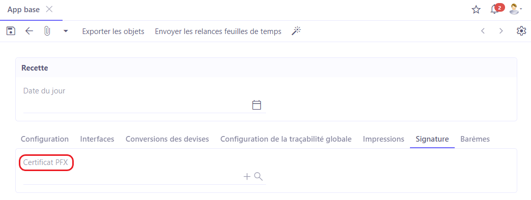 1.1. Ce champ permet d'ajouter un certificat numérique PFX dans l'application qui va signer les documents déposés. Une des utilisations dans Axelor est de fournir une valeur probante aux justificatifs de notes de frais, déposés sur les lignes de notes de frais.