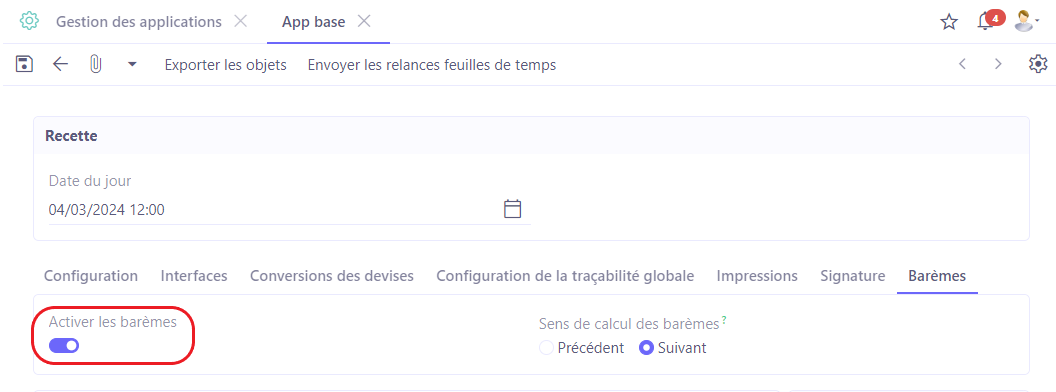 1.1. Cliquez sur “Activer les barèmes” afin d’activer les barèmes. L’entrée de menu “Barèmes” va apparaître au niveau du module Ventes. D’autres réglages seront par conséquent disponibles dans le menu Config Applicative, dans les configurations du module Ventes (par exemple, “Activer le calcul complet des devis à partir des barèmes”)..