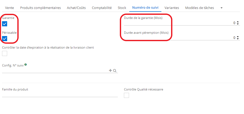 1.1. Cochez la case “Garantie” si le produit est soumis à une garantie, et ensuite renseignez la durée de la garantie en mois. Vous pouvez également cocher la case “Périssable”. Si cette case est cochée, le champ “Durée avant péremption” (mois) apparait. 