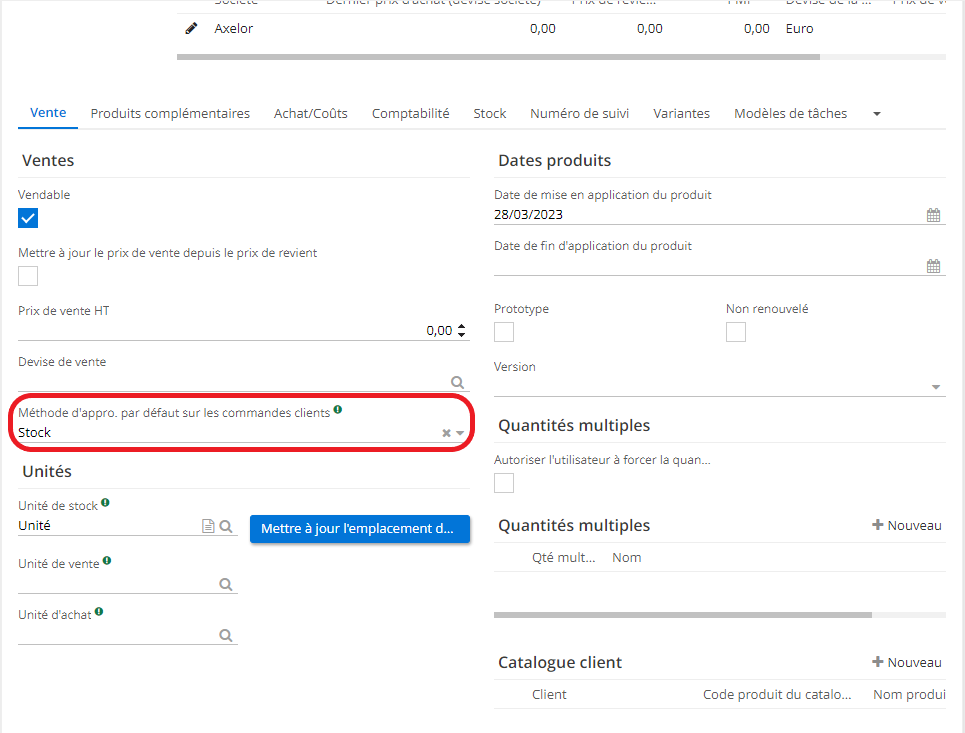 1.4. Définissez la méthode d’approvisionnement par défaut sur les commandes clients (sélectionnez parmi “Stock” / “Acheter” / “Produire” / “Aucun”).