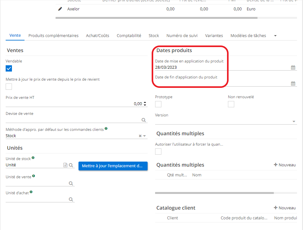 1.1. Sur la fiche produit, dans l’onglet Vente, il est possible d’indiquer les dates (la date de mise en application du produit et la date de fin d’application du produit).