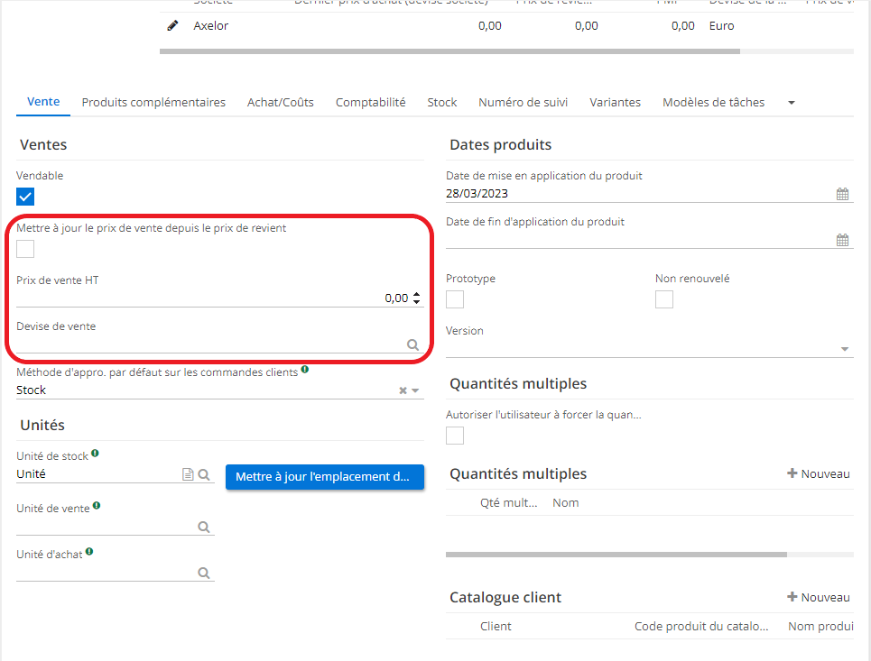 1.3. Cochez la case “Mettre à jour le prix de vente depuis le prix de revient” une mise à jour automatique du prix de vente va avoir lieu selon ce qui a été défini au niveau du prix de revient dans l’onglet Achats/Coûts.