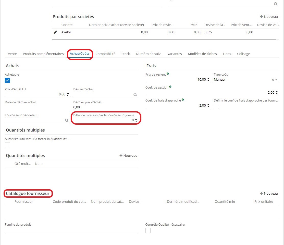 1.1. Sur la fiche produit, dans l’onglet Achat/Coûts, il est possible d’indiquer le délai de livraison par le fournisseur (en jours). En outre, vous pouvez ajouter des nouvelles lignes sur le Catalogue fournisseur dans le but de référencer les différents fournisseurs.