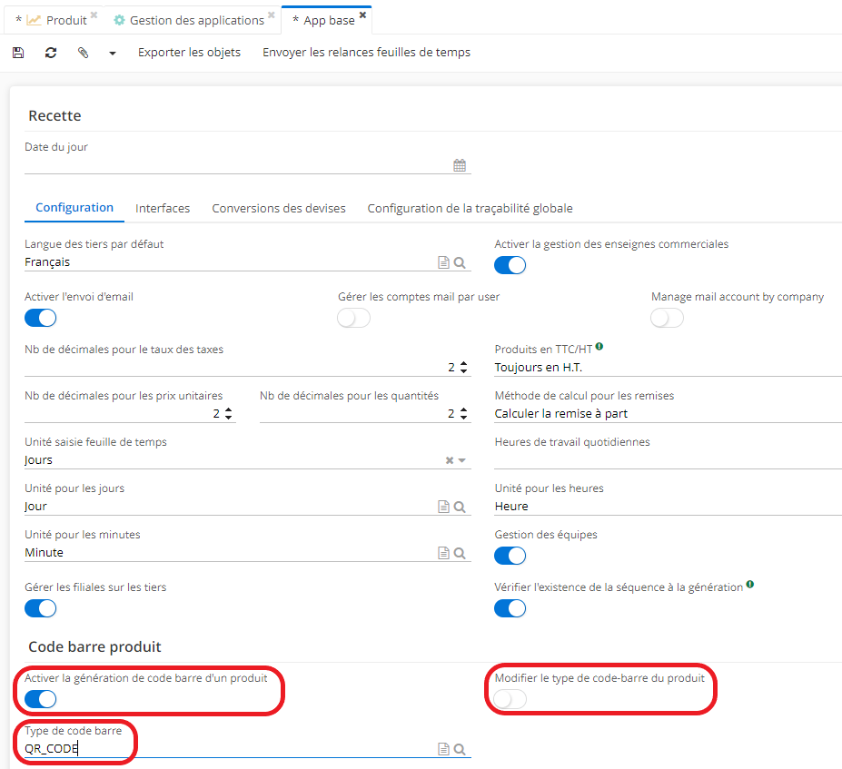 2.3. Configurez les codes barres sur la page d’App Base. Activez la fonctionnalité “Activer la génération de code barre d’un produit” et ensuite sélectionnez le type de code barre appliqué par défaut. Si vous le souhaitez, cochez la case “Modifier le type de code-barre du produit” qui vous permettra de changer le code-barre par la suite directement sur la fiche produit en fonction de vos besoins.