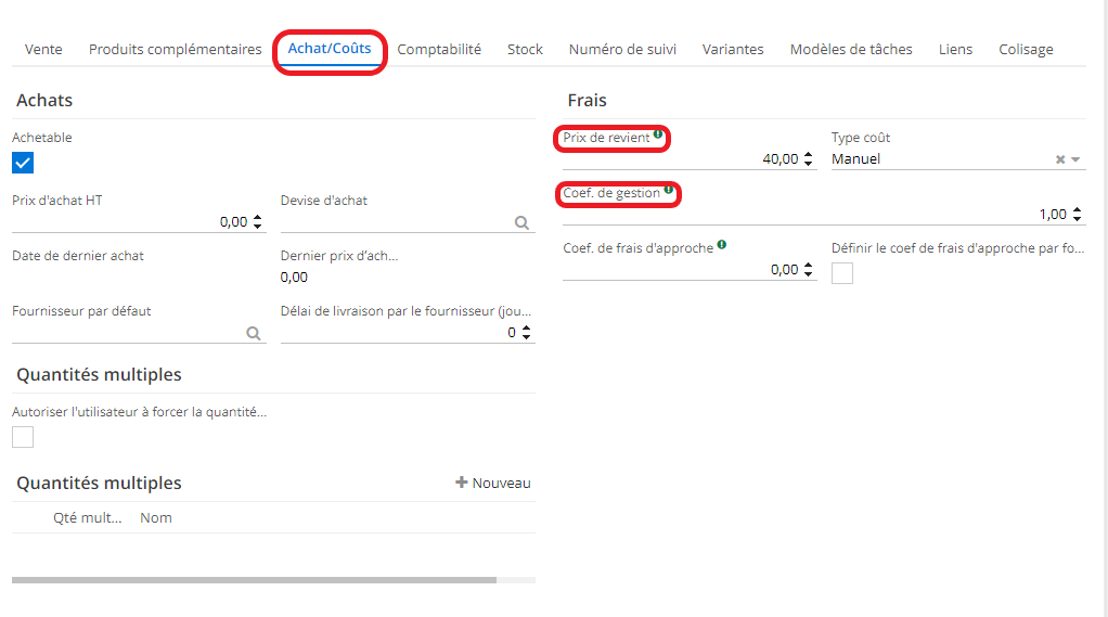 1.3. Lorsque la case “Mettre à jour le prix de vente depuis le prix de revient” a été cochée sur la fiche Produit dans l’onglet Vente, cliquez sur l’onglet Achat / Coûts et définissez le prix de revient (ici, 40 euro) et la coefficient de gestion (ici, 1,00).