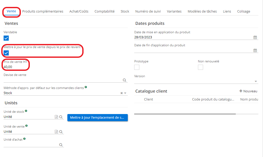 1.4. Si vous retournez sur l’onglet Vente, vous allez constater que le prix de vente HT est égal à 40 (grâce au prix de revient défini sur l’onglet Achat/Coût et la case cochée “Mettre à jour le prix de vente depuis le prix de revient”).