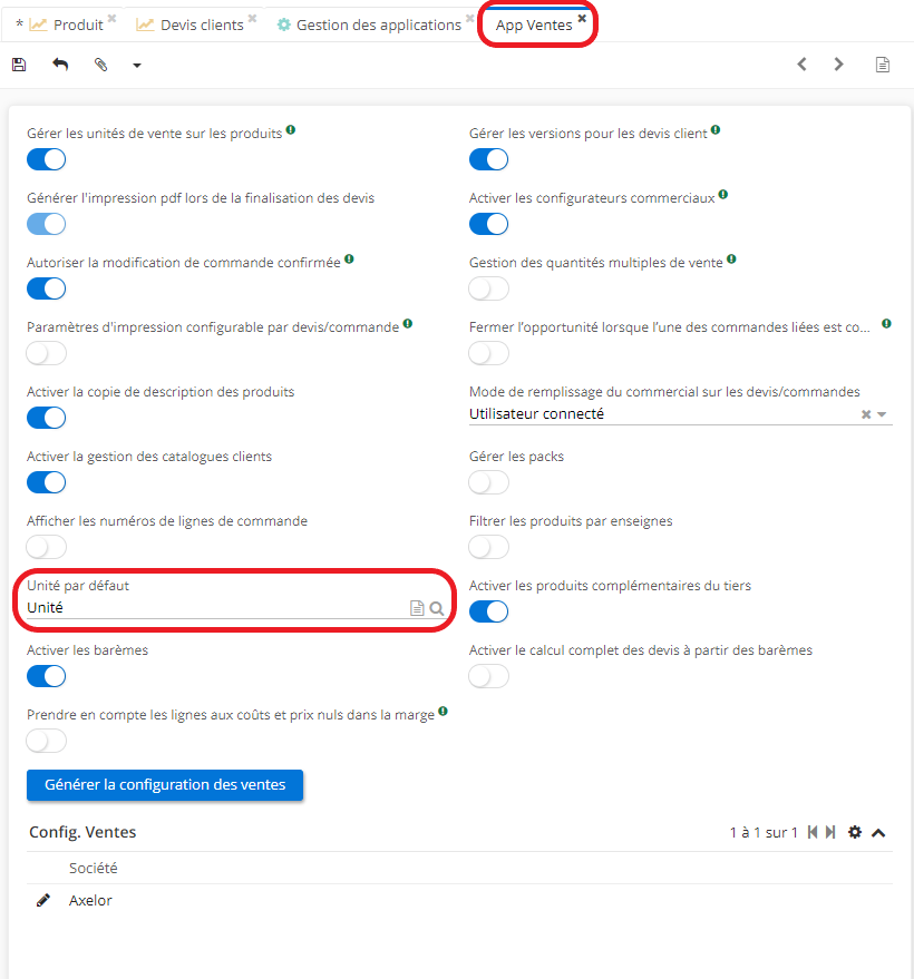 1.1. Définissez les unités par défaut sur la page de l’App Ventes.