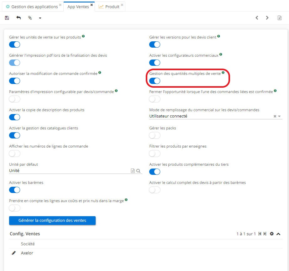 1.7. Activez l’option “Gestion des quantités multiples de vente” (accès : Config applicative → gestion des applications → Ventes, configurer → activez la coche). Cette fonctionnalité indique que vous souhaitez vendre des produits que sous certains multiples (à titre d’illustration, le produit ne sera vendu que par dizaines).