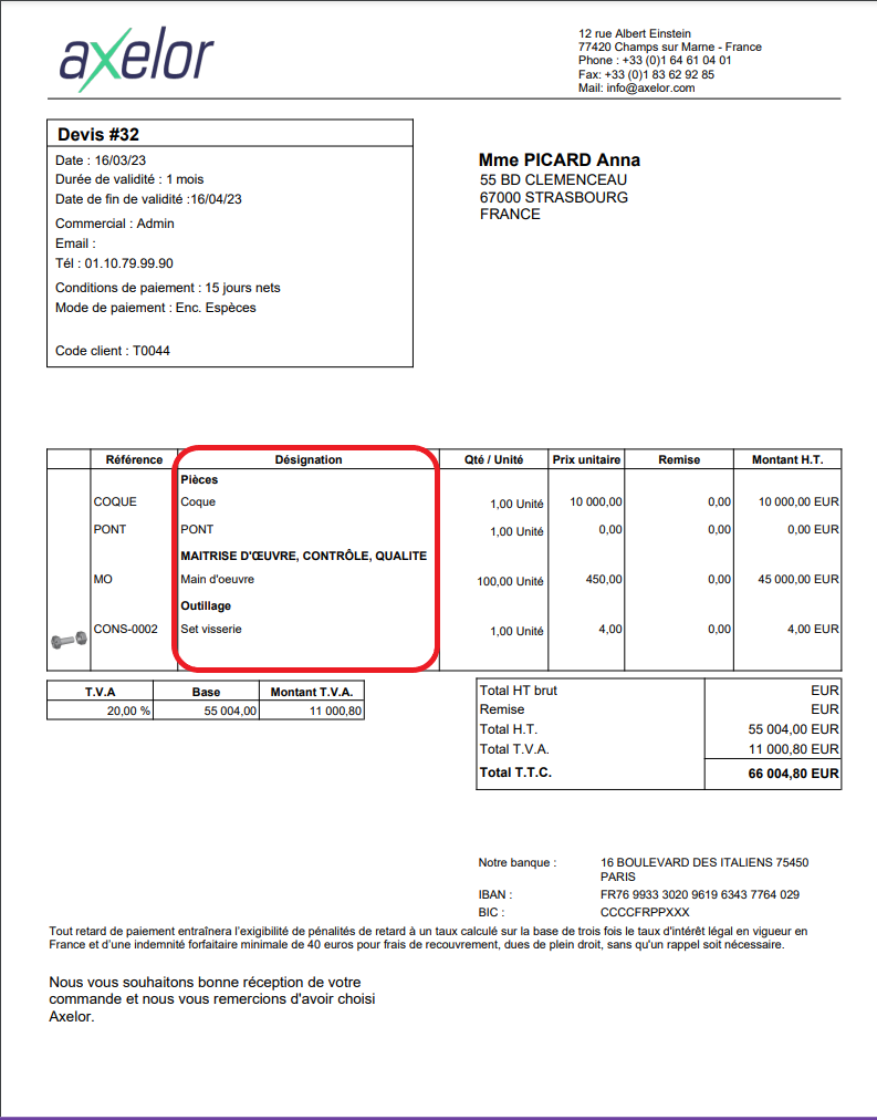 1.4. Si vous imprimez un rapport, la colonne “Désignation”  contiendra la description des produits.