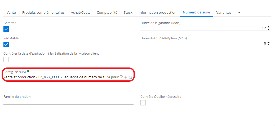 1.3. Configuration N° de suivi permet de définir un numéro de suivi / de lot. Ajoutez un nouveau numéro de suivi en cliquant sur l’icône de + (Nouveau). Par la suite, vous allez être redirigé sur l’onglet de configuration de n° de suivi.